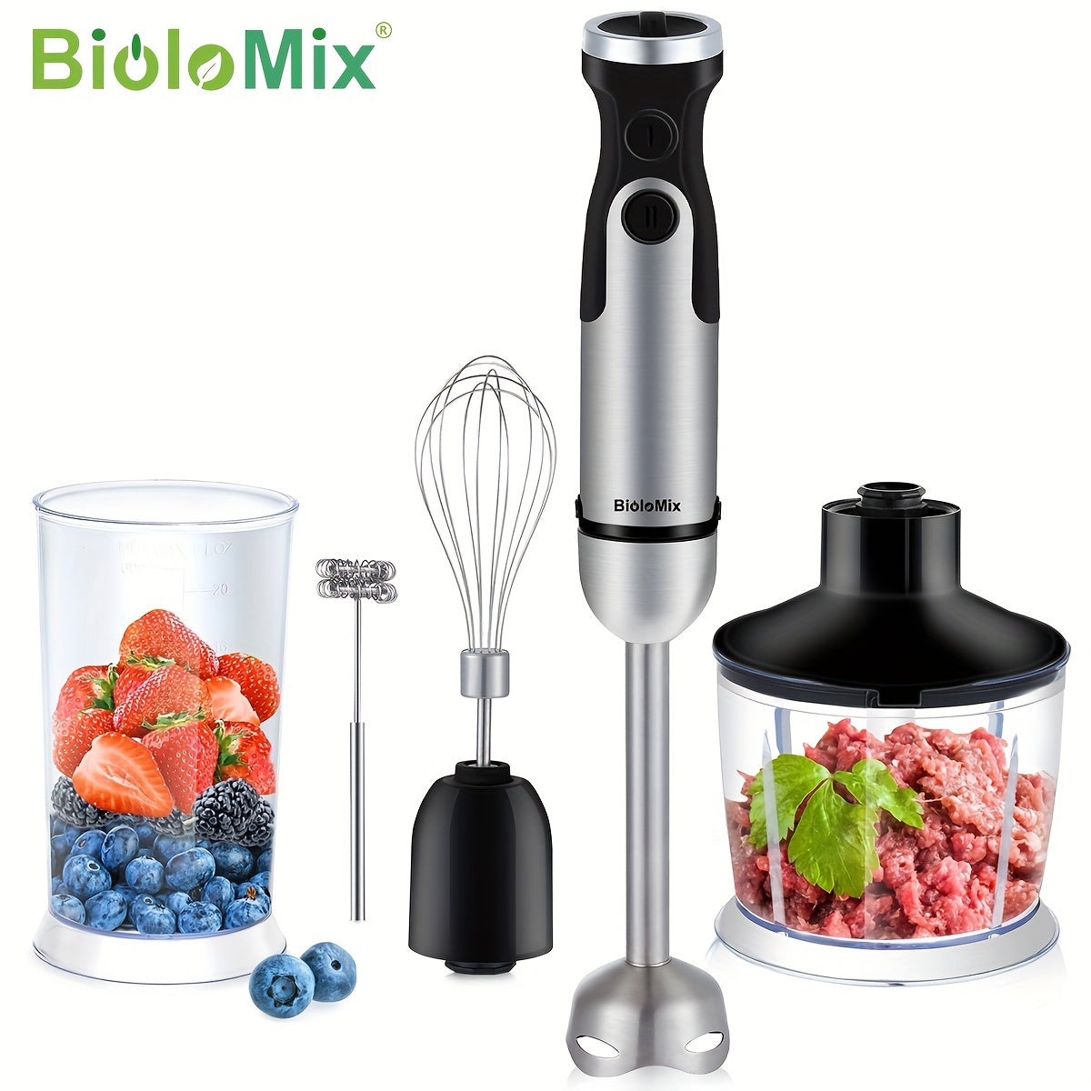 BioloMix 1200W 5-in-1 Handheld Mixer with Egg Beater, Chopping Bowl, Smoothie Cup. Ideal for Smoothies, Purees, and More. EU Plug Included. Kitchen Appliance with Integrated Measuring Cups.