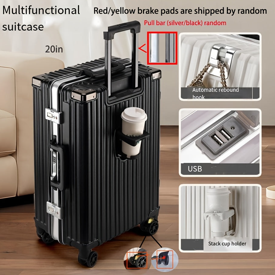 Durable 20-inch travel trolley with spinner wheels, USB port, combination lock, and large capacity. Comes in various colors.