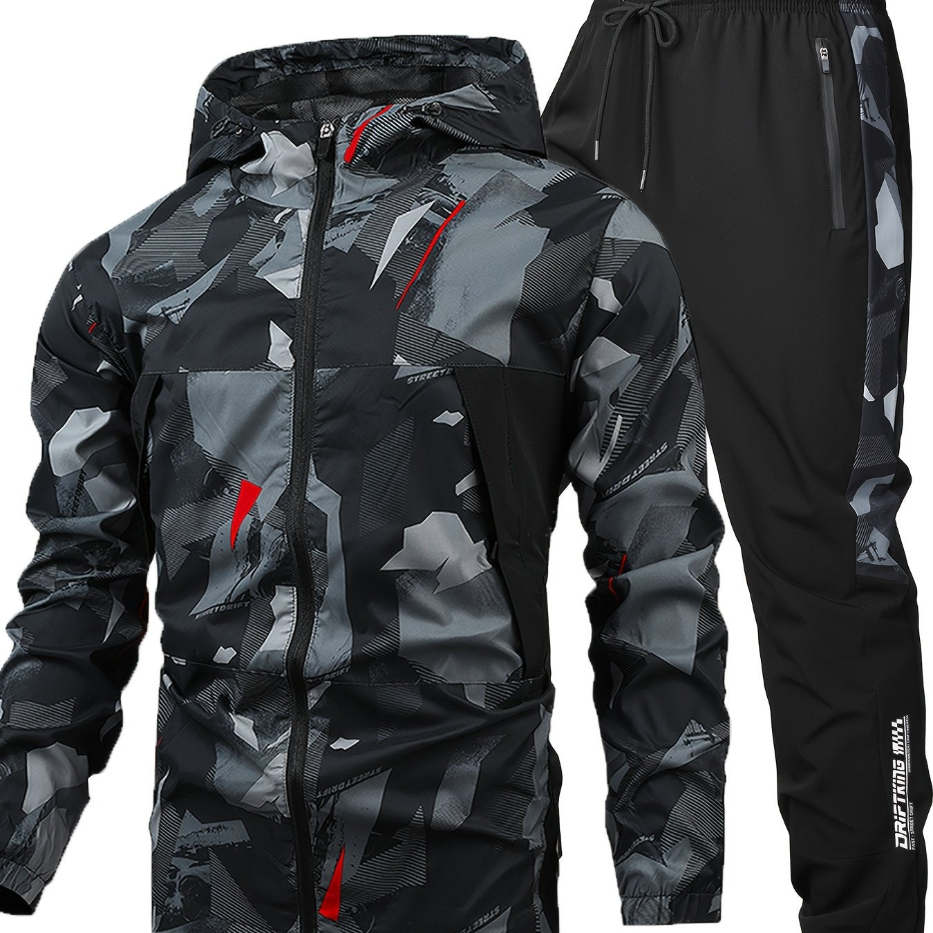 Men's casual 2-piece outfit, featuring a camouflage print hooded jacket with drawstring pants, paired with a zip-up hoodie and breathable comfy pants.