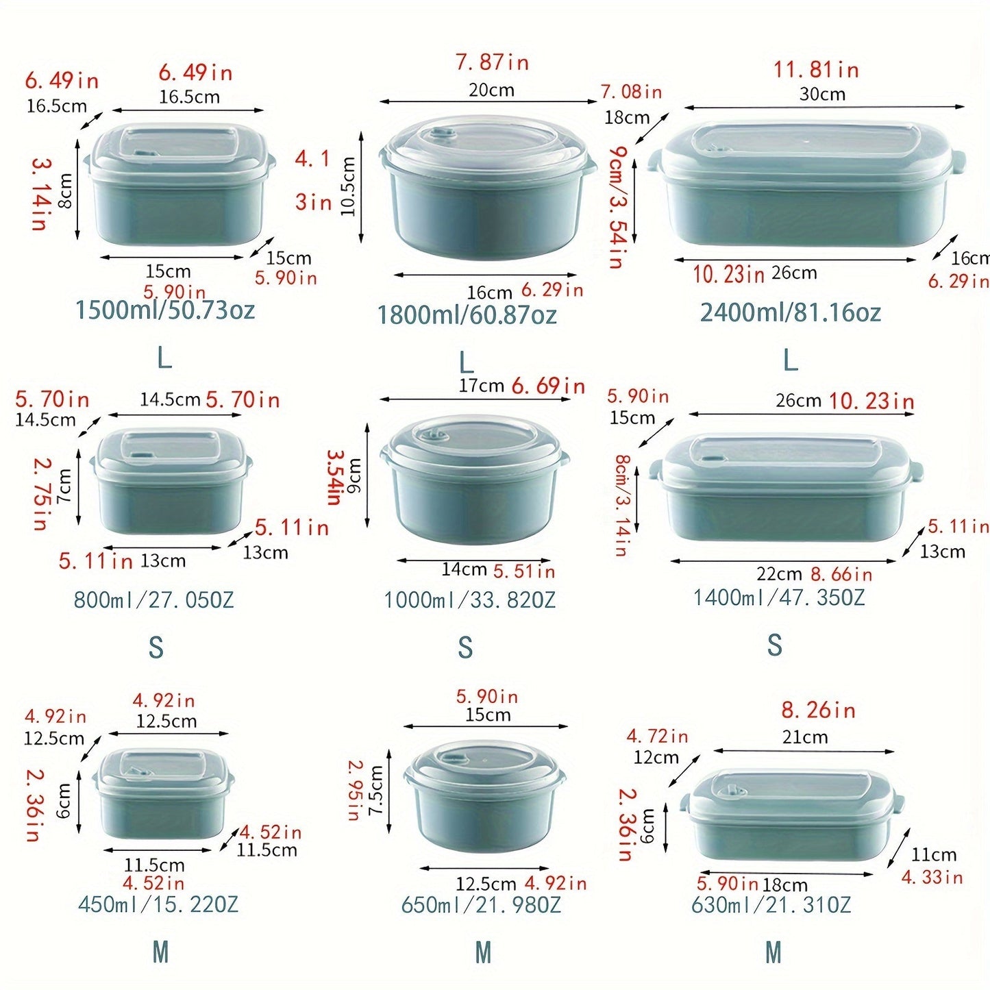 Essential kitchen set includes 3 round food storage containers with lids, perfect for storing fruits, vegetables, noodles, meat, eggs, ginger, garlic, and onions. These microwave-safe containers are made of reusable plastic and feature a clip closure for