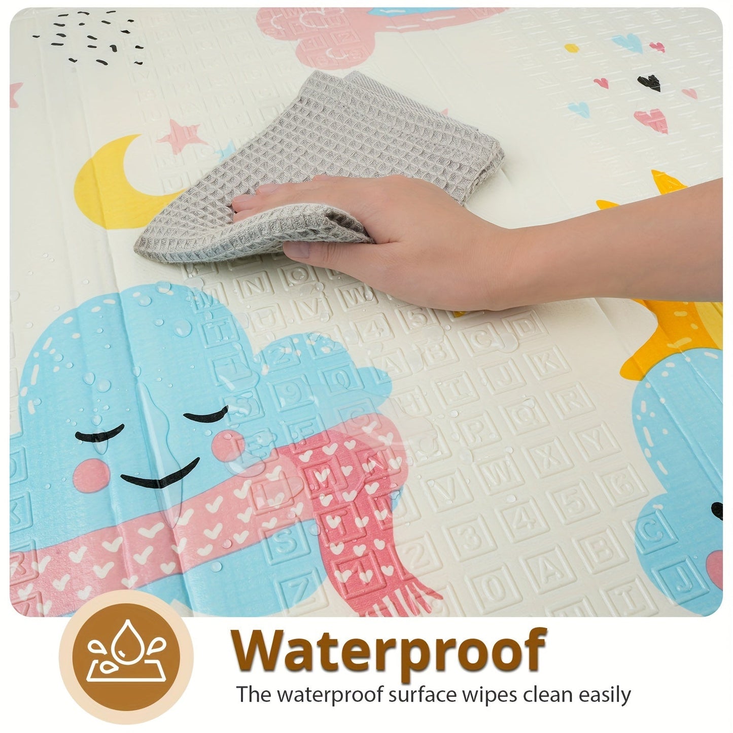 1 piece Play Mat measuring 127.0 x 127.0 cm and 1.52 cm thick. This reversible mat features a waterproof PE surface and is easily foldable. With a double-sided design featuring both Zoo and Geometric patterns, this safe foam playmat is ideal for