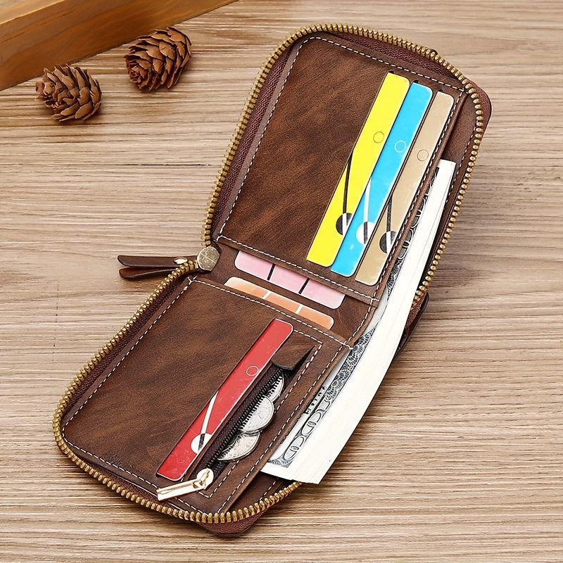 Men's small PU zipper bag with button decoration, credit card holder, and bifold design.