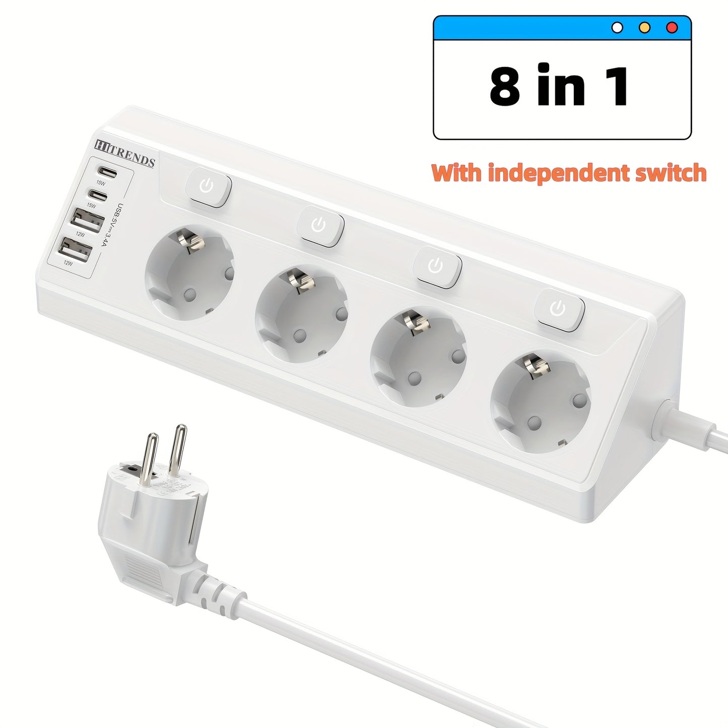 White power outlet with 4 AC sockets, 2 USB-A ports, and 4 USB-C ports, switch included. 1.8-meter cable. Ideal for home, office, kitchen, and garage.