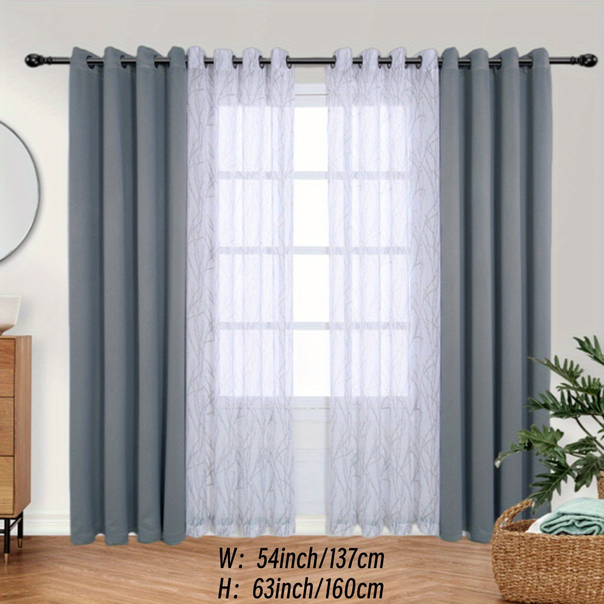 Pair of Curtains for Bedroom or Living Room - Includes 1 Sheer Branch Print Curtain and 1 Blackout Curtain, Grommet Style, 54x84 Inch Each, Dark Gray, Set of 2 Panels