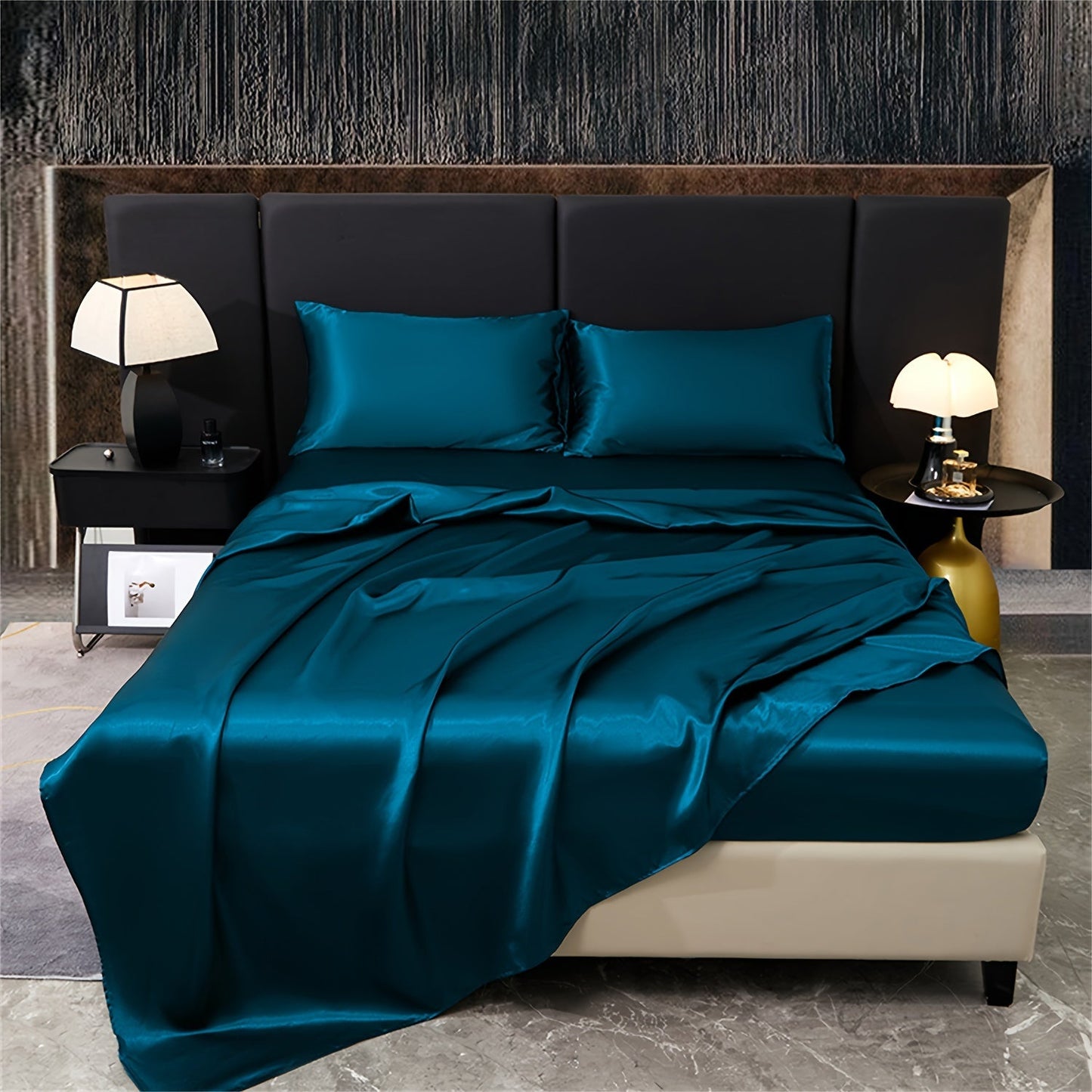 Indulge in the opulence of our 4-piece 80g Light Luxury Silky Satin Bedding Set. This set includes 1 Fitted Sheet, 1 Flat Sheet, and 2 Pillowcases, perfect for elevating your home bedroom, guest room, or hotel. Experience the ultimate in quality and