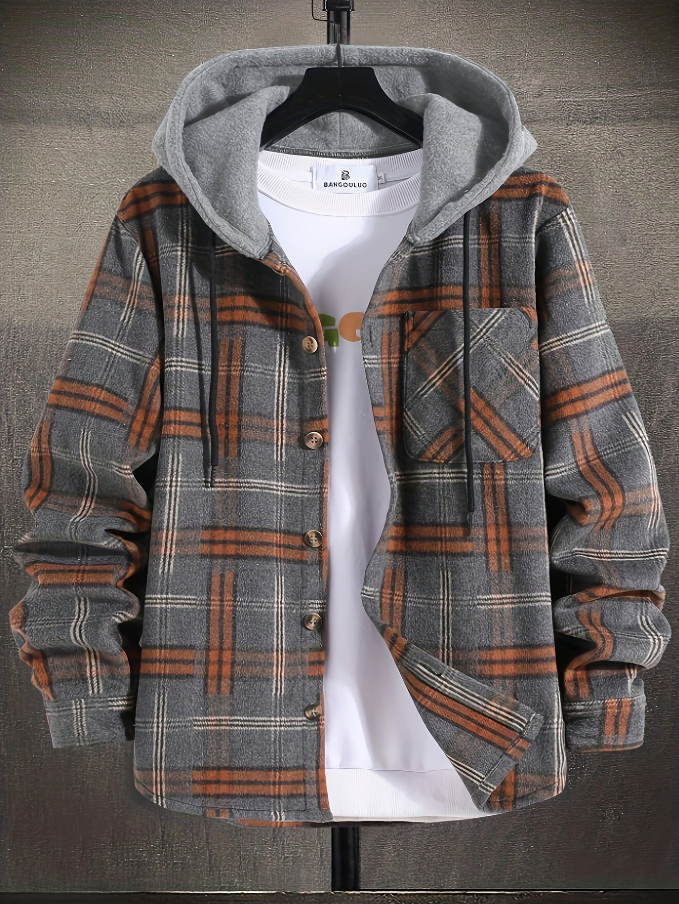 Men's Plaid Long Sleeve Jacket for Autumn, Warm and Casual with Hood