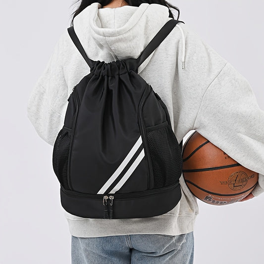 Polyester drawstring gym bag with practical pockets, perfect for basketball, outdoor activities, travel, swimming, hiking, and climbing.