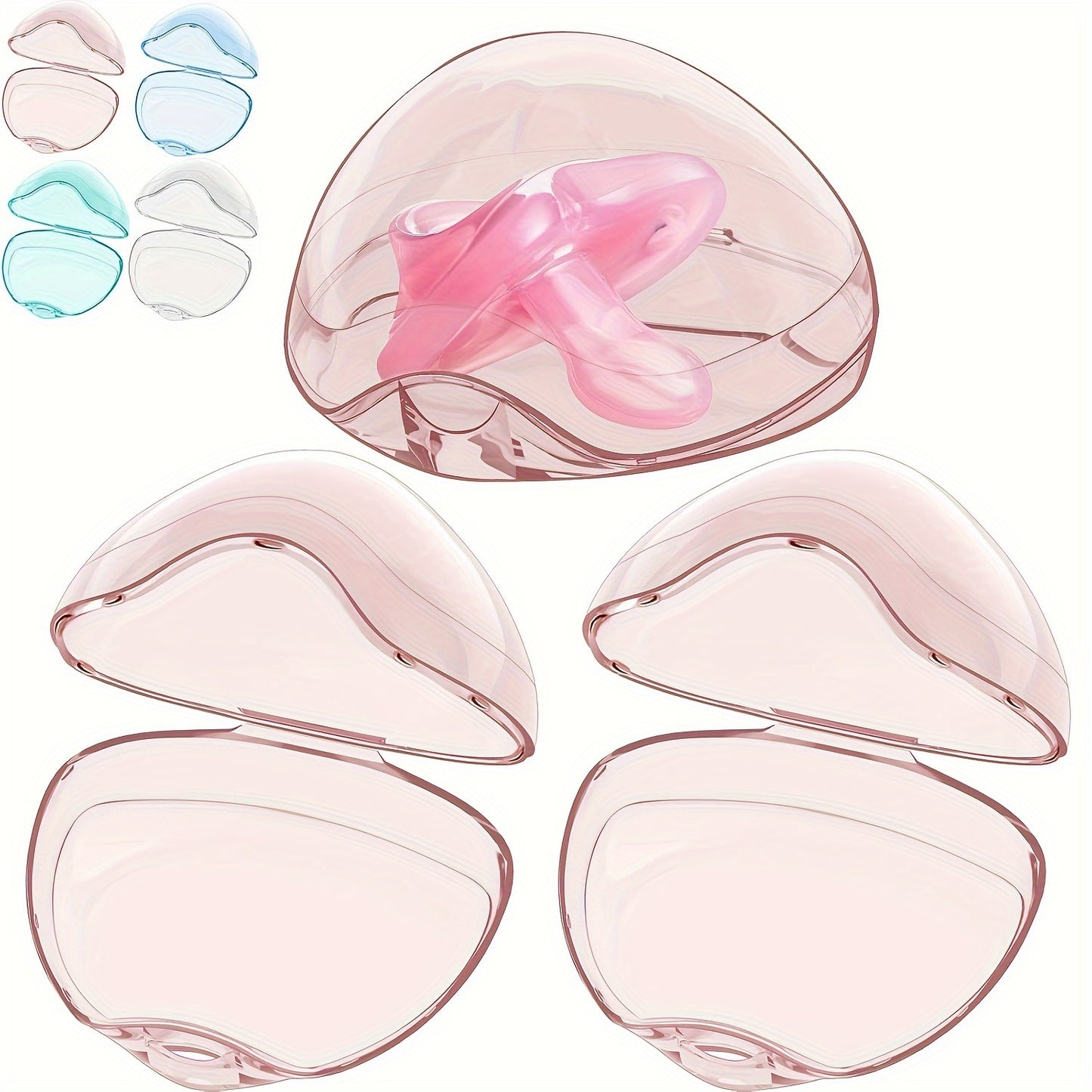 2 translucent plastic cases with clip for holding soothing items, oval shape with flip lid in light pink & blue. Keeps items clean & accessible.