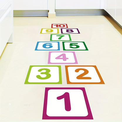 10 pieces of self-adhesive, anti-slip hopscotch game wall and floor stickers made from frosted material.