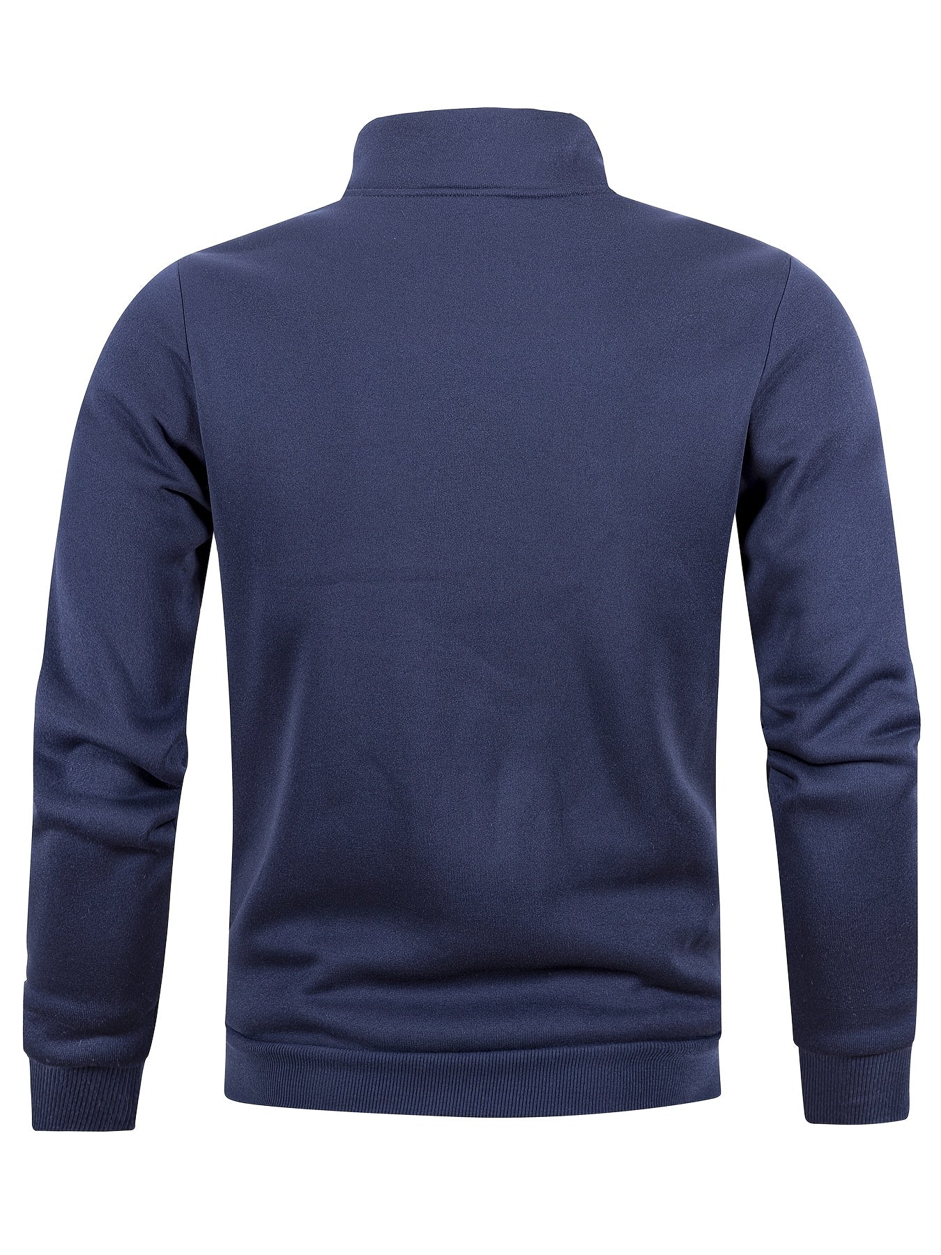 Men's casual half-zip pullover sweatshirt in solid color, made of 100% polyester knit fabric with a slight stretch. Features a stand collar, long sleeve, zipper detail, and regular fit.