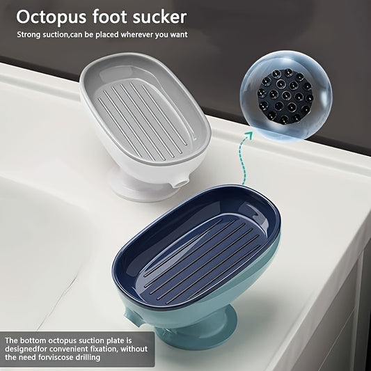 Plastic oval soap dish with octopus suction, non-slip base. Can be used in bathroom or kitchen for holding soap.Luxury lightweight design.