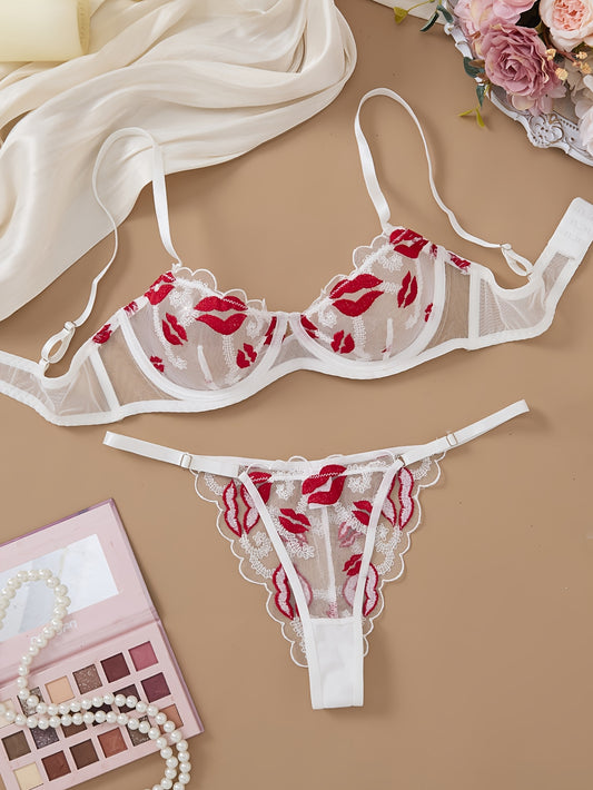 Valentine's Day lingerie set for women featuring embroidered sheer mesh bra and adjustable thong, made from mature style polyester knit fabric with medium support and no padding. Designed