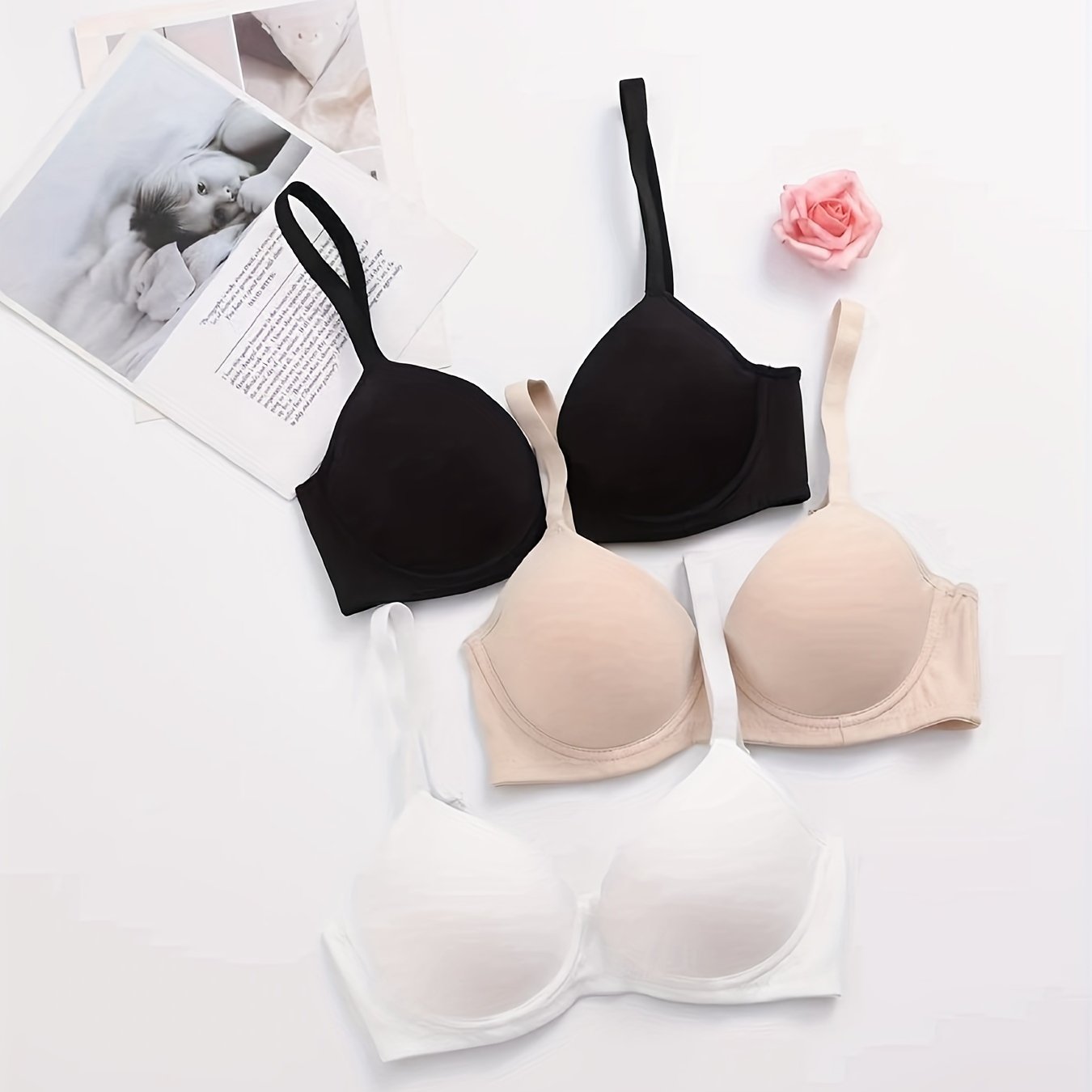 3 Seamless Wireless Bras for Women, Comfortable and Breathable, Includes Matching Panties