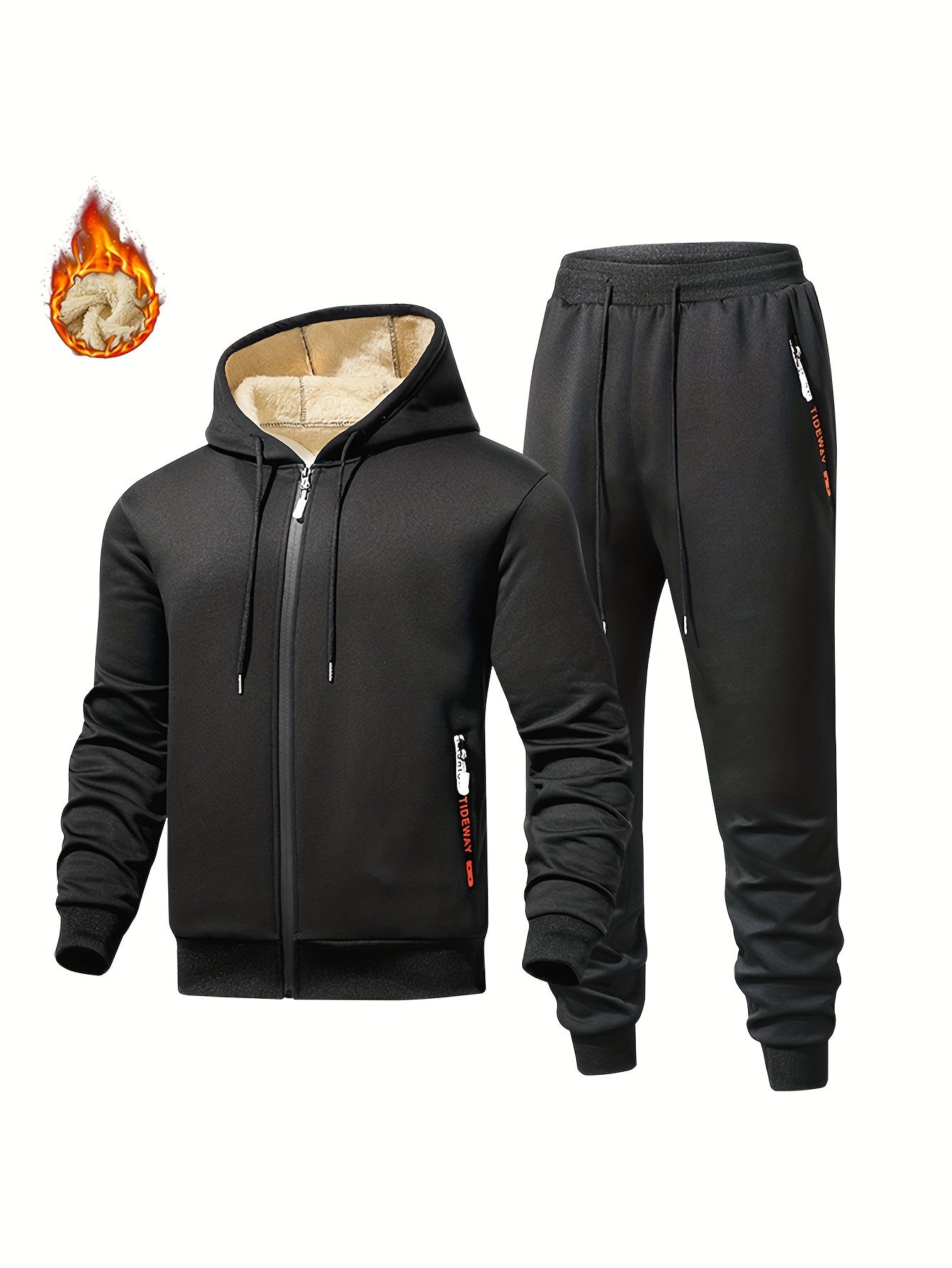 2-piece men's set: Fleece lined zip-up hooded coats with zipper pockets and drawstring pants for casual autumn and winter outfits.