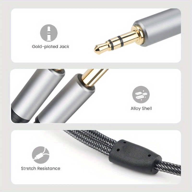 3.5mm to 6.35mm 2-in-1 audio cable with nylon mesh aluminum alloy construction. High-fidelity sound quality for PC, phone, tablet, and MP3 with 3.5mm jack; speaker, guitar, microphone