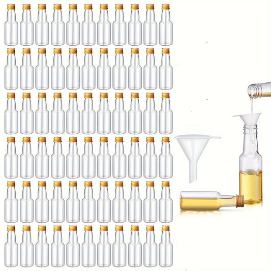 50 reusable plastic mini liquor bottles in 0.85oz and 1.7oz sizes, perfect for weddings and birthdays. Ideal for alcohol, juice, wine, or hot sauce.