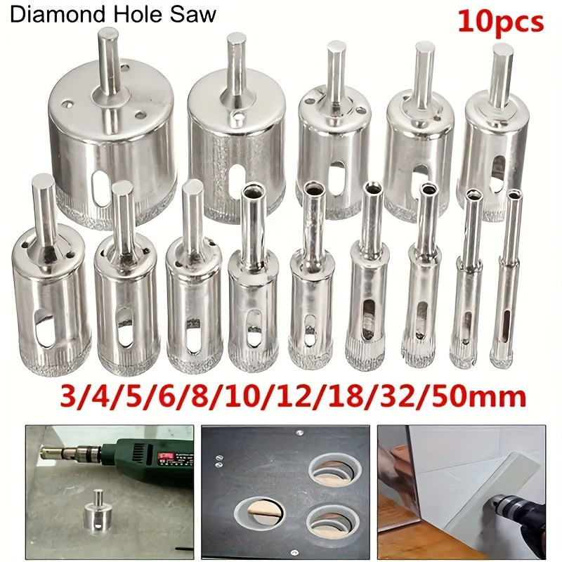 Set of 10 diamond-coated drill bits for cutting marble, glass, ceramic, and porcelain with power tools.