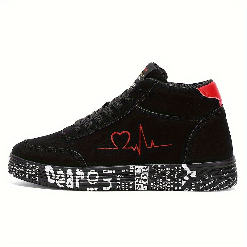 Women's high-top sneakers in red with a white heart and "I Love You" print, featuring a thick EVA sole for lightweight comfort. Made for casual travel with a lace-up design and all-season