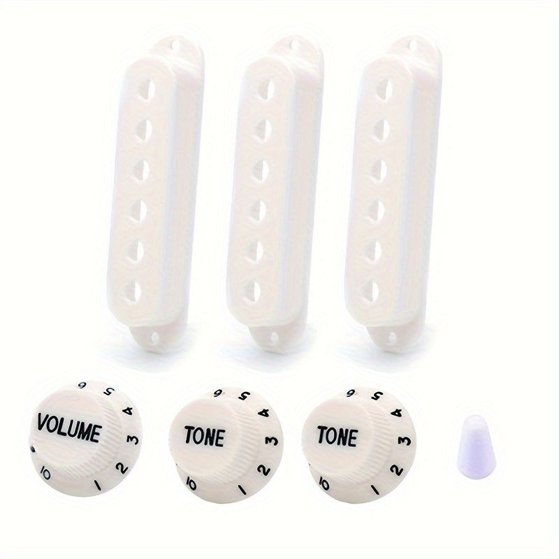 Set of 3 uncharged plastic electric guitar pickup covers with volume & tone knobs and switch cap. Fits 48/50/52mm single coil pickups.