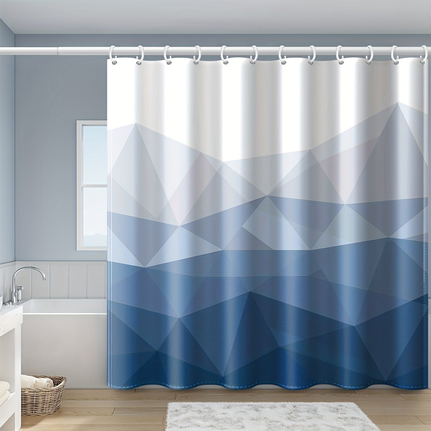 Blue gradient geometric pattern shower curtain with 12 hooks, made of waterproof polyester, suitable for home or hotel bathrooms. Machine washable and can also be used as a window curtain for bathroom décor.