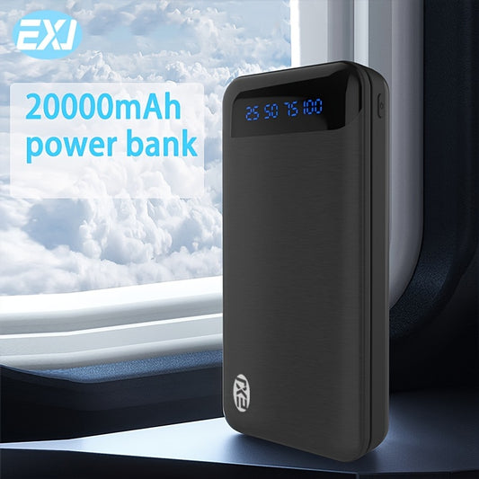 20000mAh power bank with LED display, USB Type-C/Micro input, and 5V 2.1A output for iOS/Android devices.