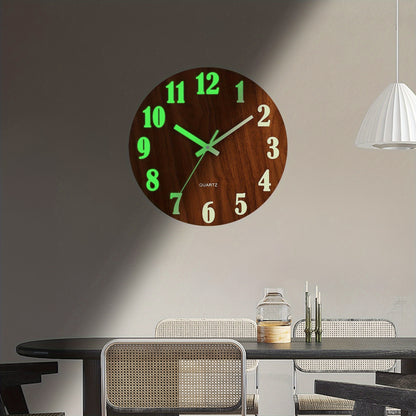 Rustic Tuscan wooden wall clock with glow-in-the-dark feature, 30.48cm in size. Non-ticking, Japanese quartz movement, ideal for living room and bedroom decor. Battery operated (AA not included).