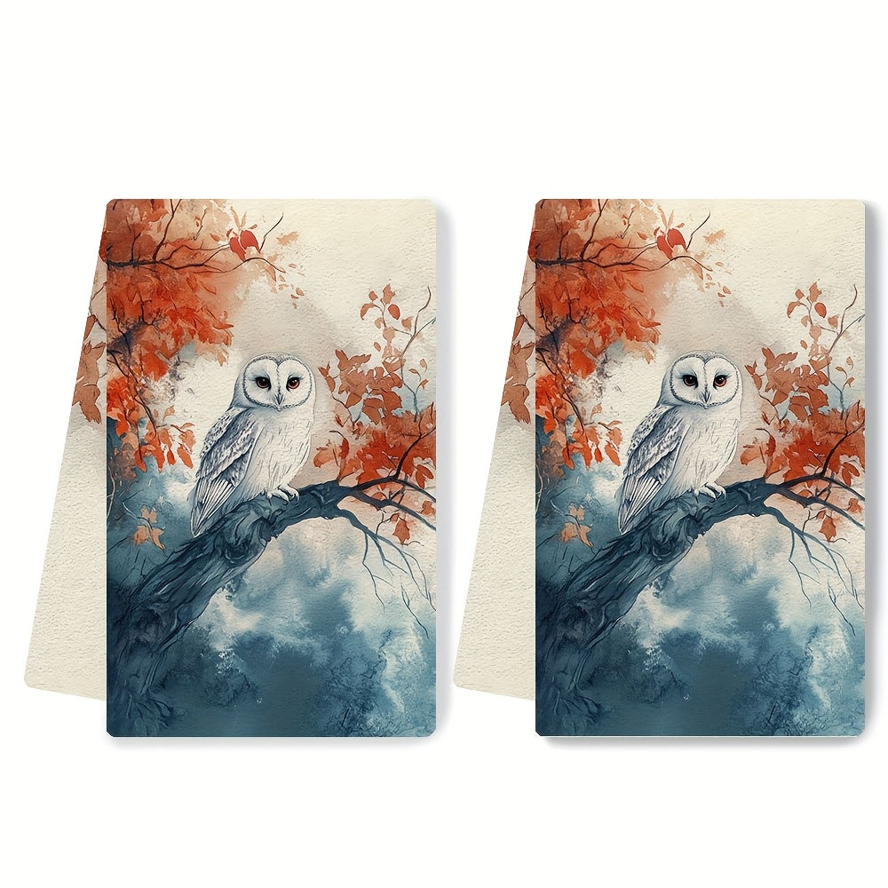 Two ultra soft kitchen towels featuring a serene owl and autumn scenery design. These highly absorbent and machine washable dish hand towels measure 40.64x60.96 cm. Perfect for holiday decor and daily use in the kitchen.