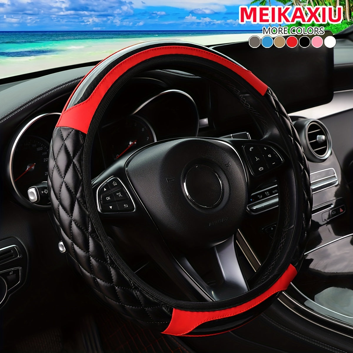 MEIKAXIU 3D Embroidered Crystal Carbon Fiber Faux Leather Steering Wheel Cover, Universal Fit for 36.83-38.1 cm, Available in 5 colors.