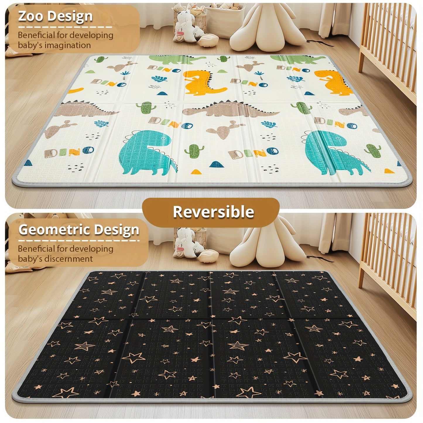 The perfect gift for young children, this Reversible Seahorse & Stars Play Mat is waterproof, thick foam safety pad measuring 127.0x127.0cm. It comes with a fence option for added safety, making it portable and versatile. Ideal for Christmas or