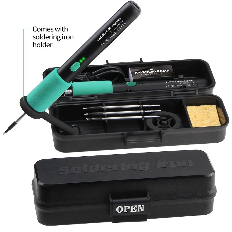 Adjustable temperature mini soldering iron kit with USB rechargeable battery. Includes 3 soldering tips, stand, sponge, and storage case. Ideal for various projects such as home appliance