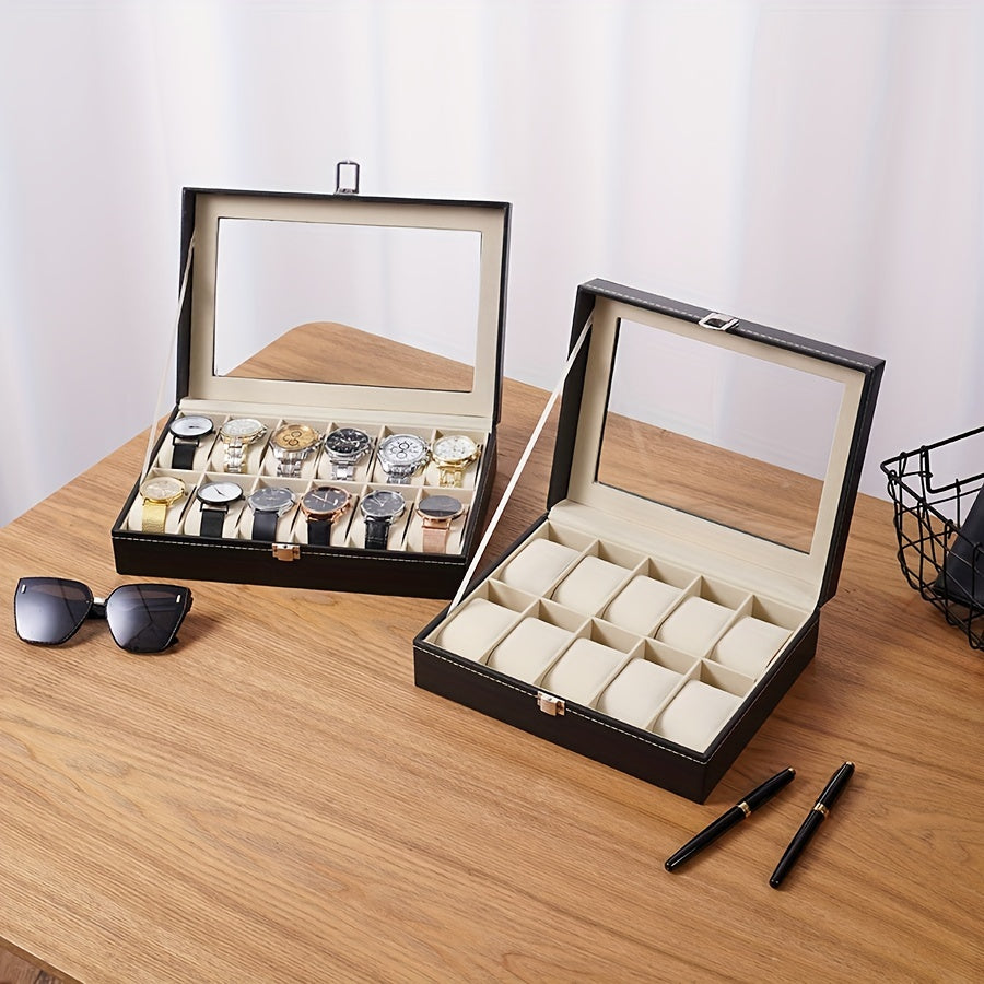 The Elegant Black Faux Leather Watch Storage Box is a popular choice for your timepiece collection. Whether you have 2, 6, 10, or 12 watches, this square flip-top design box will keep them safe and organized. The soft interior and pen holder add a touch