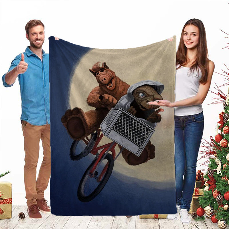 Cartoon Alien Bicycle Fleece Throw Blanket featuring ALF & E.T. - Made of Soft and Cozy Polyester - Perfect for Sofa, Office, Bed, Camping & Travel - Great All-Season Gift for Alien Fans