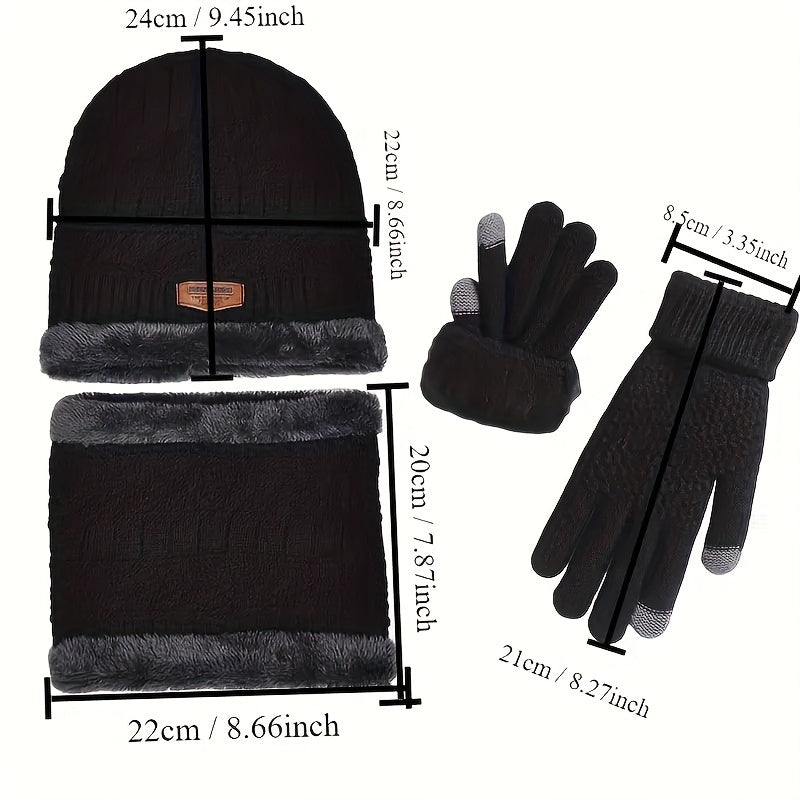 3-piece Winter Warmth Accessory Set, Includes Knit Polyester Beanie, Scarf, and Gloves in Sports Style, Made of 100% Polyester with Thermal Insulation for Cold Weather