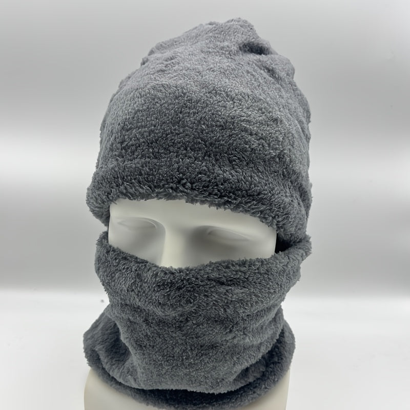 Three-Piece Set of Men's Cozy Knit Hat, Scarf, and Gloves - Featuring Thick Fleece Lining for Warmth. Includes Letter Patch Style Hat, Faux Sheepskin Scarf, and Full Finger Gloves for Winter.