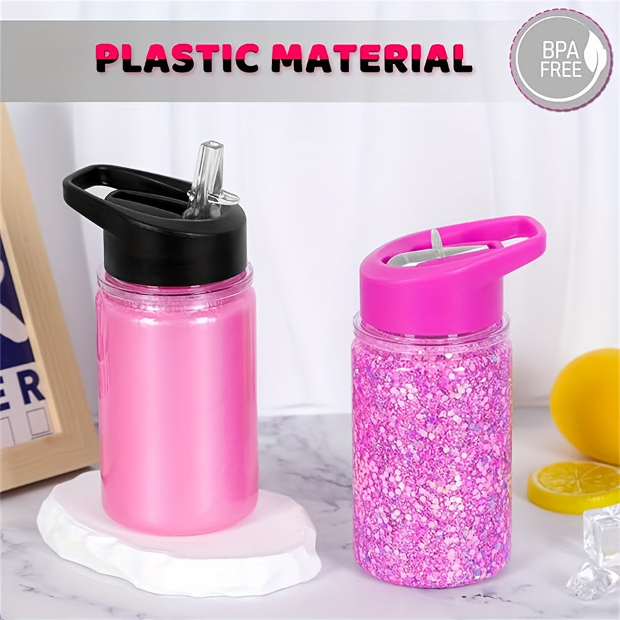 Set of four 10oz double-wall insulated plastic water bottles with retractable spouts, break-resistant, PVC-free, lightweight, hand-wash only, perfect for outdoor, travel, and home use.