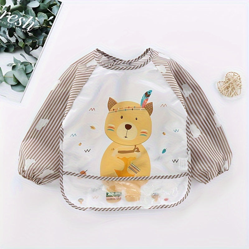 Long-sleeved Waterproof Feeding Bib with Adorable Cartoon Design, Reversible Wear Option.