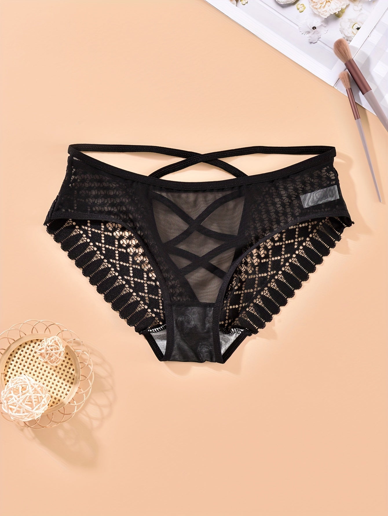 Comfortable back cross strap hipster panties with hollow mesh design - women's lingerie & underwear.