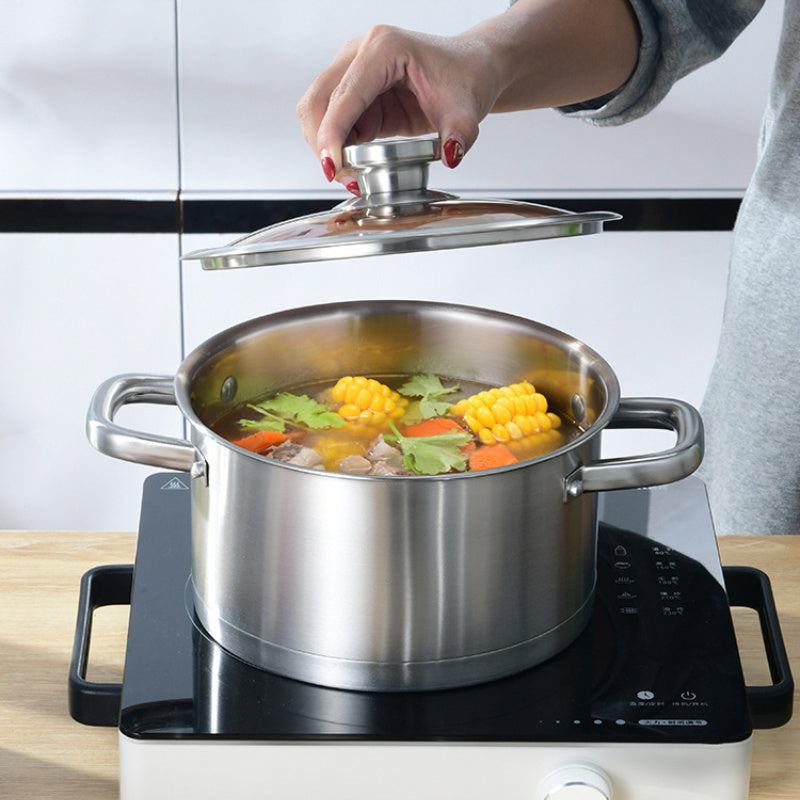 Three-piece set of stainless steel cookware includes a durable soup pot with double handles, a saucepan with a single handle, and a frying pan. All pieces are heat-resistant, easy to clean, and feature visual lids and hollow handles for added convenience.