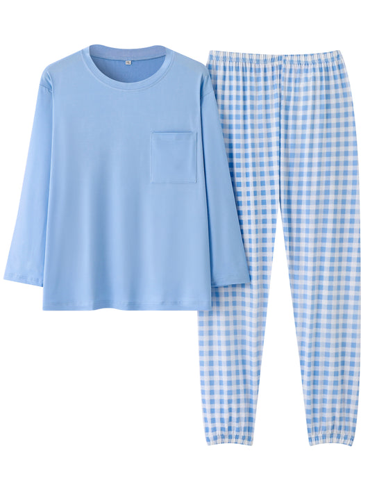 Women's plus size casual pajamas set with soft long sleeve tee and plaid pants for comfort loungewear.