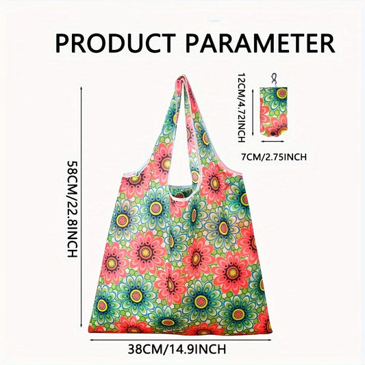 Large Foldable Tote Bag with Vibrant Floral Pattern, Made of Durable Polyester, Ideal for Outdoor Activities - Includes Shoulder Straps and Carabiner Closure, Great for Shopping and Reusable.