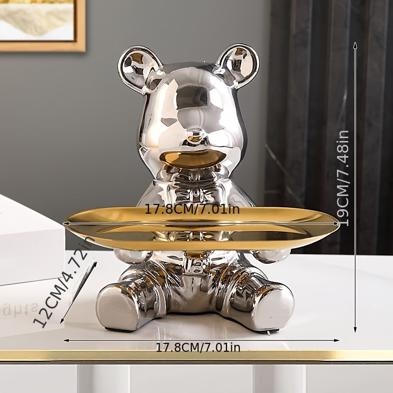 Ceramic bear figurine with metal tray - modern home decor and key organizer.