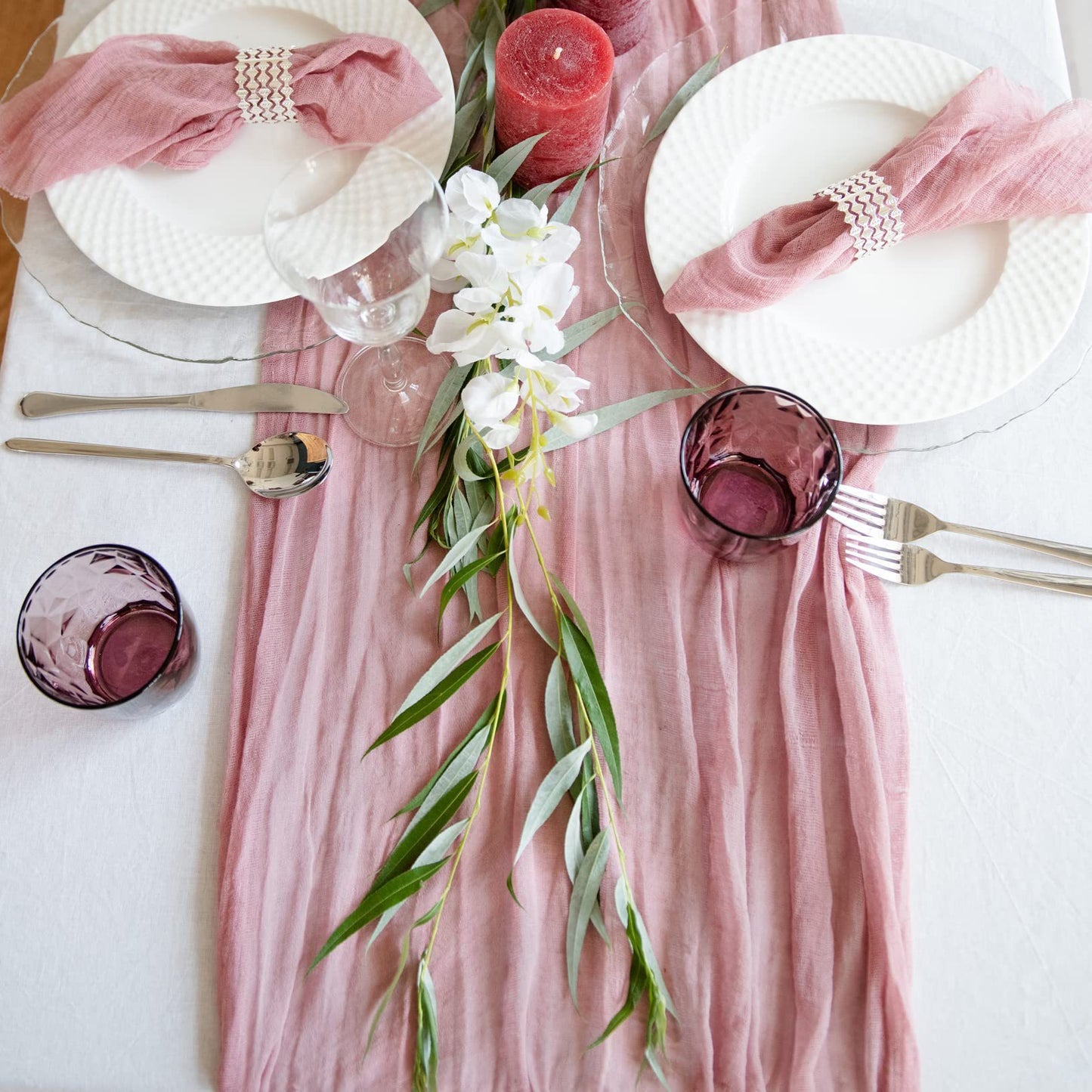 Boho cheesecloth table runner for various occasions and home decor.