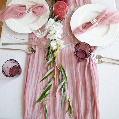 Boho cheesecloth table runner for various occasions and home decor.