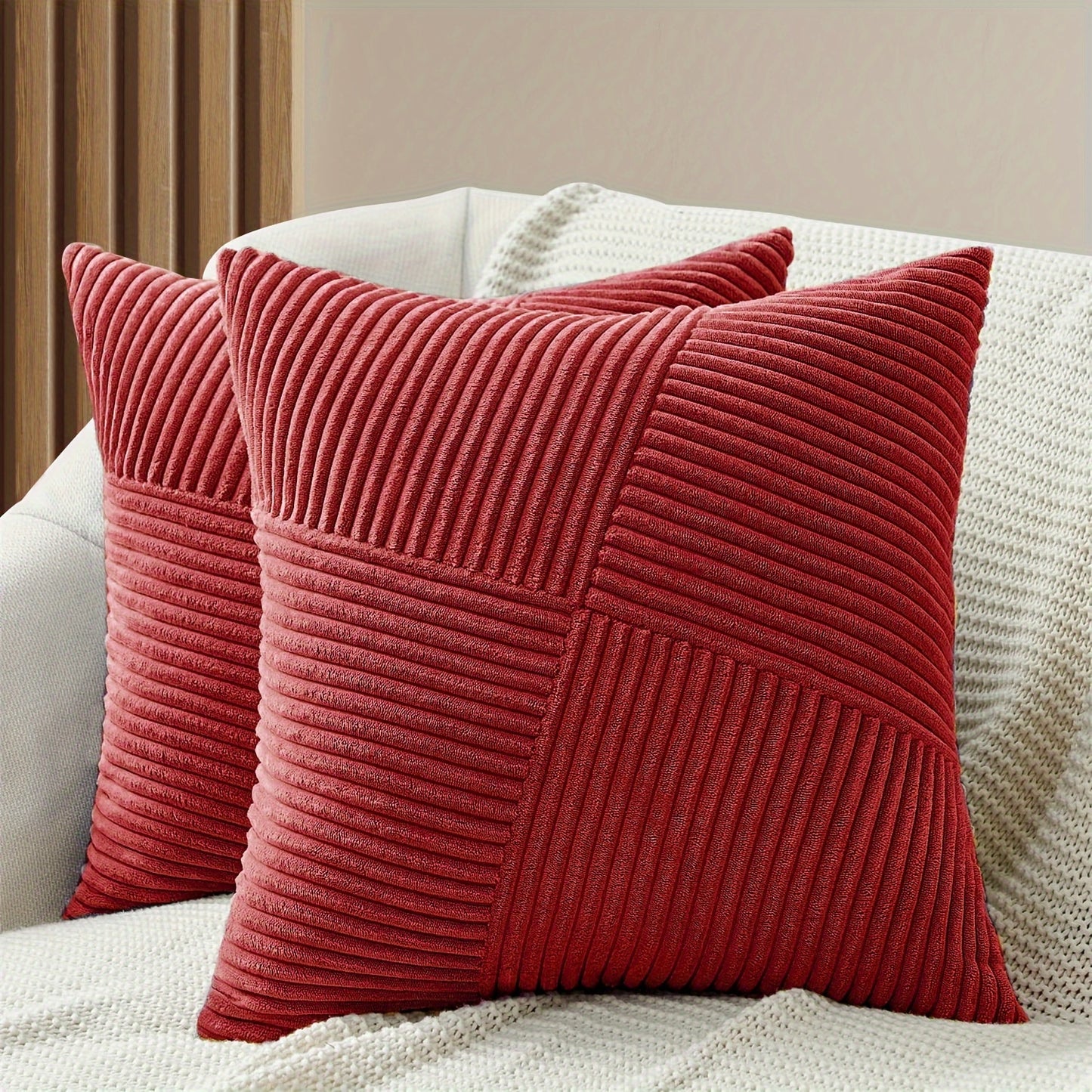 Bohemian style corduroy throw pillow covers in a 2-pack, 45.72x45.72 cm, with soft striped patchwork design. Zippered polyester square cushion cases for sofa and bed. Machine washable home decor.