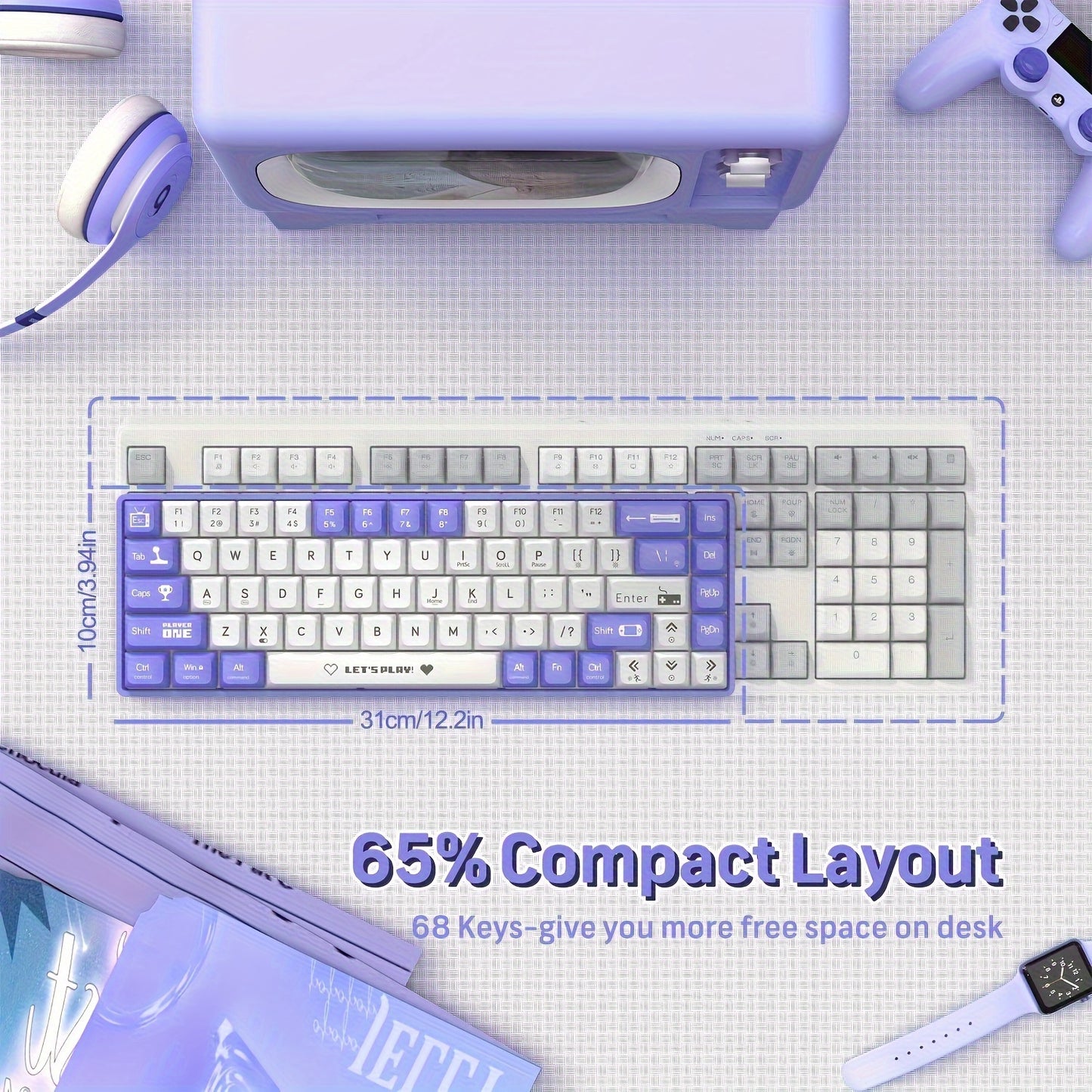 HOOPOND Wired Mechanical Gaming Keyboard - 65% Hot-Swappable, RGB Backlit, Red Switches, Ergonomic Design, Purple & White Color, Windows/Mac Compatible.