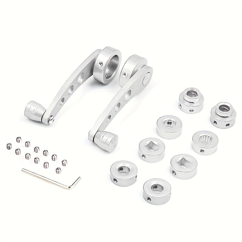 Two aluminum golden universal car window closing hand crank lifters for manual car window glass closing.