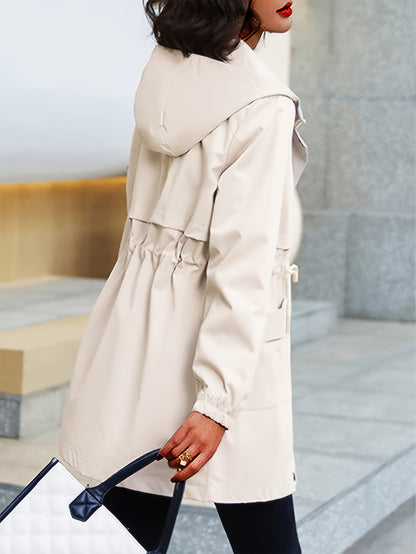 Plus size beige trench coat with hood in casual polyester, knee-length with long sleeves. Features zip-up closure, adjustable drawstring waist, and pockets.