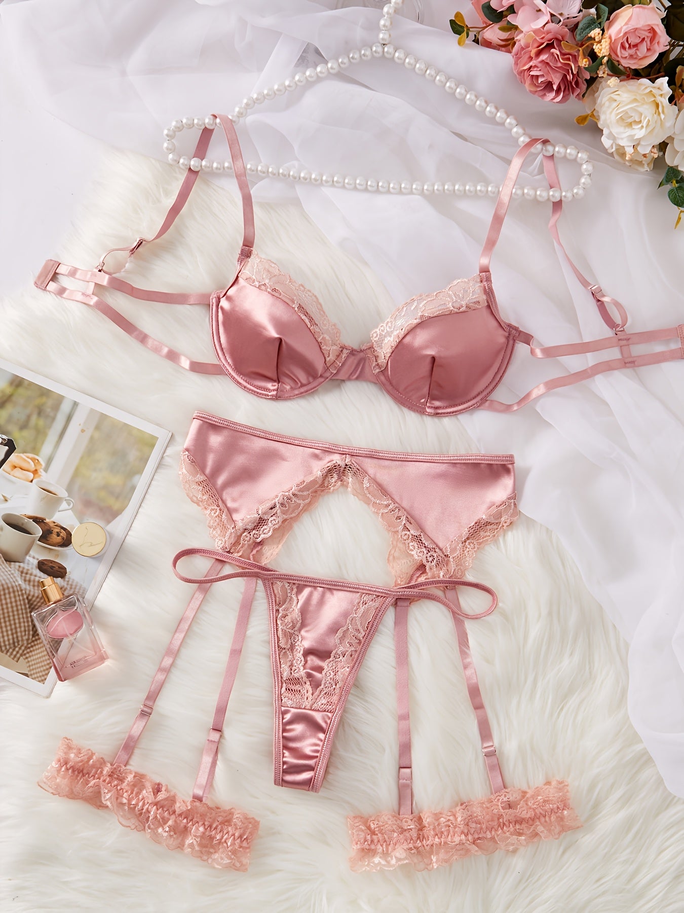 Fall/Winter Sale: Women's Lace Bra Set with Thong, Garter Belt, and Foot Rings