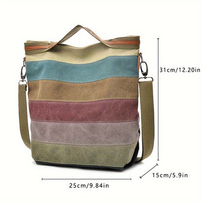 RUYIHUANG Women's Casual Tote Bag: Large Capacity, Multi-Compartment, Colorblock Design with Detachable Shoulder Strap, Beige & Blue-Green Striped Pattern, Everyday Use