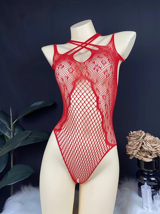 Red lace mesh bodysuit for women with hollow-out design, made of nylon. Features a tight and cropped style in knitted fabric.